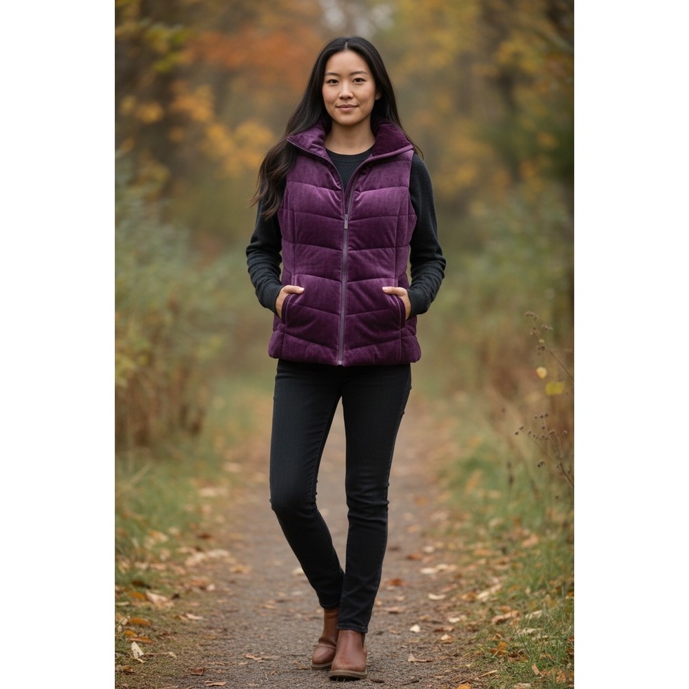 Chicos Purple Reversible Puffer Vest Velvet Quilted Zip Up Stand Collar Size 0 S